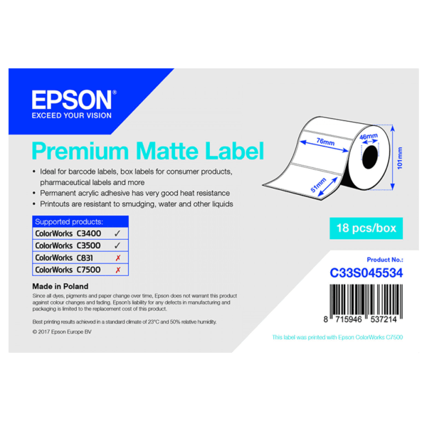 Rouleau étiquette Epson Premium Matte 76mm x 51mm