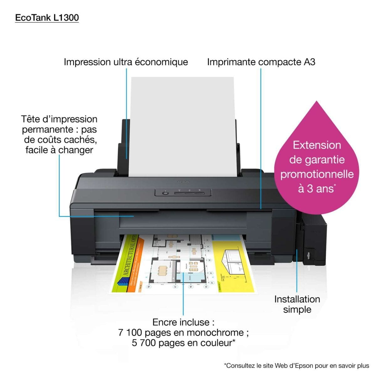 Epson EcoTank L1300 Imprimante A3+ à réservoirs rechargeables (C11CD81403)